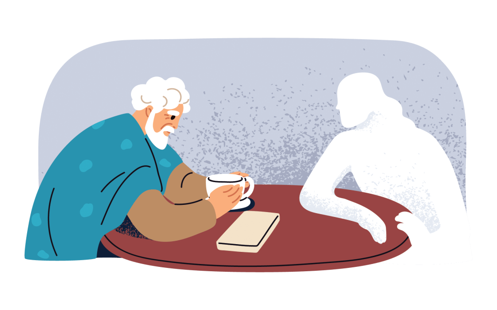 Mindfulness for Grief and Loss - Illustration of an elderly man sitting across the table from the ghost of a loved one